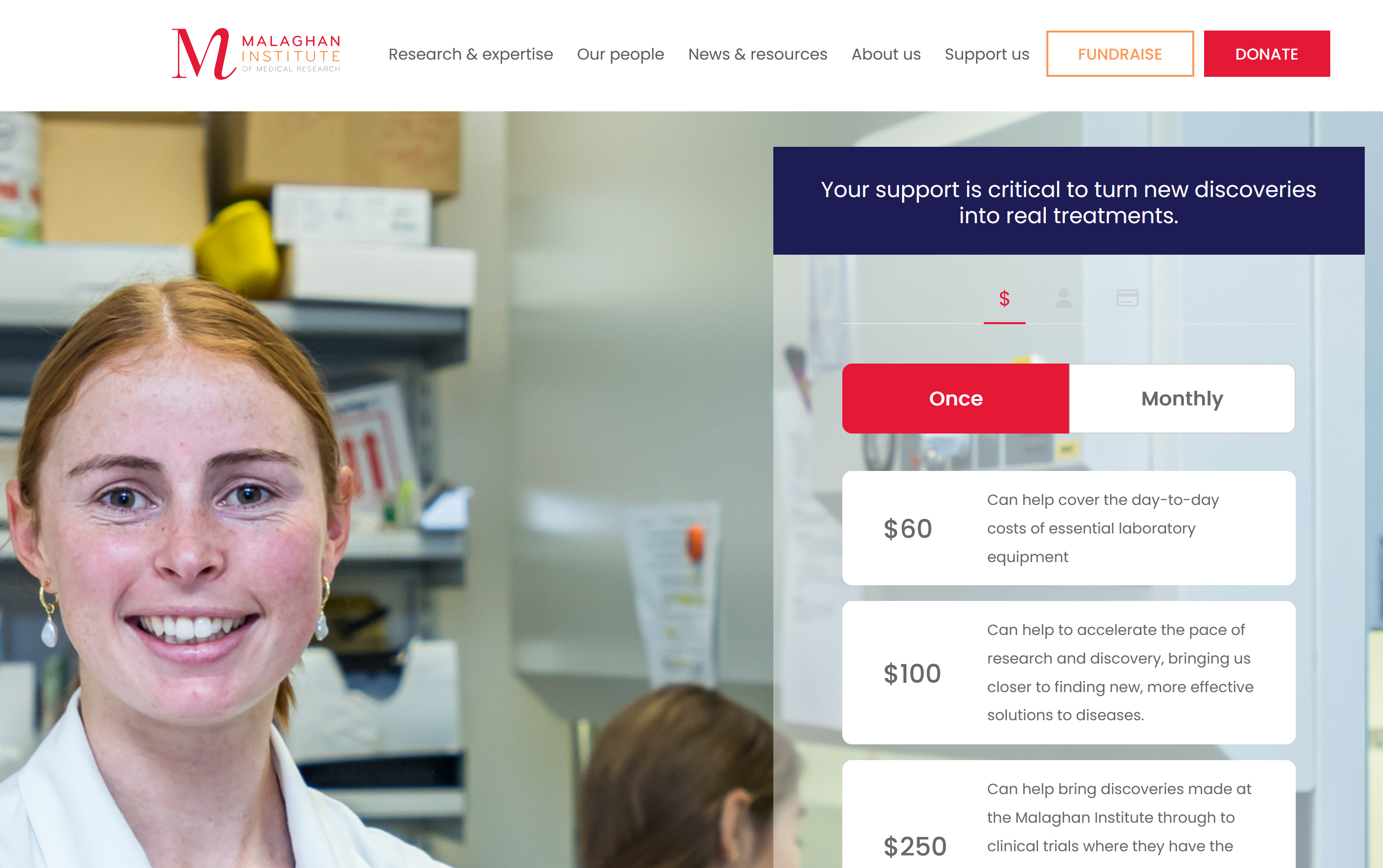 Screen capture of a website soliciting donations for disease research. On the left, a young female researcher in a white labcoat smiles. On the right, a scale of donations starting from $60 down to $250 with explanations of what each tier can provide in terms of research.
