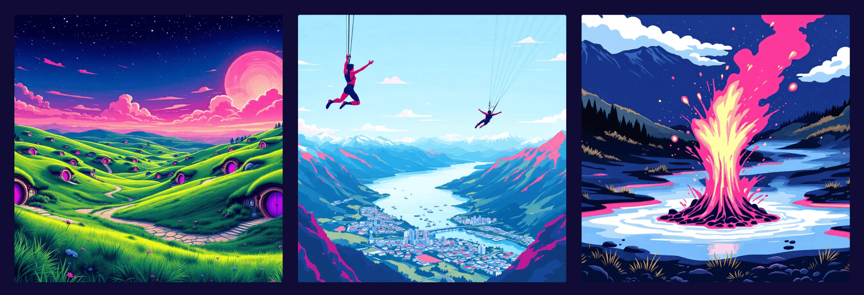 Three illustrations representing Hobbiton, Queenstown, and Rotorua, respectively. These images were generated by AI.