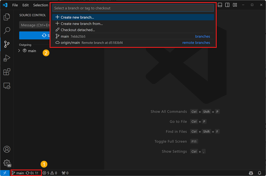 Create branch dialog in VS Code