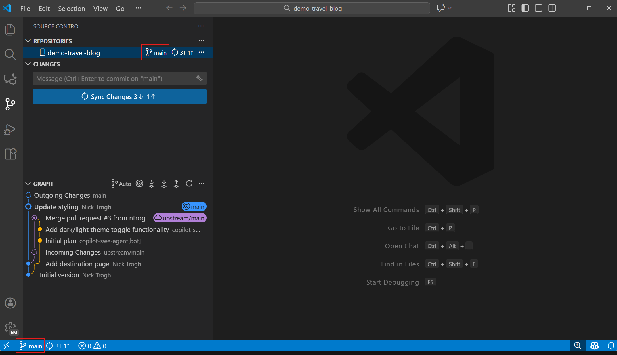Current branch shown in the Status Bar and Source Control view
